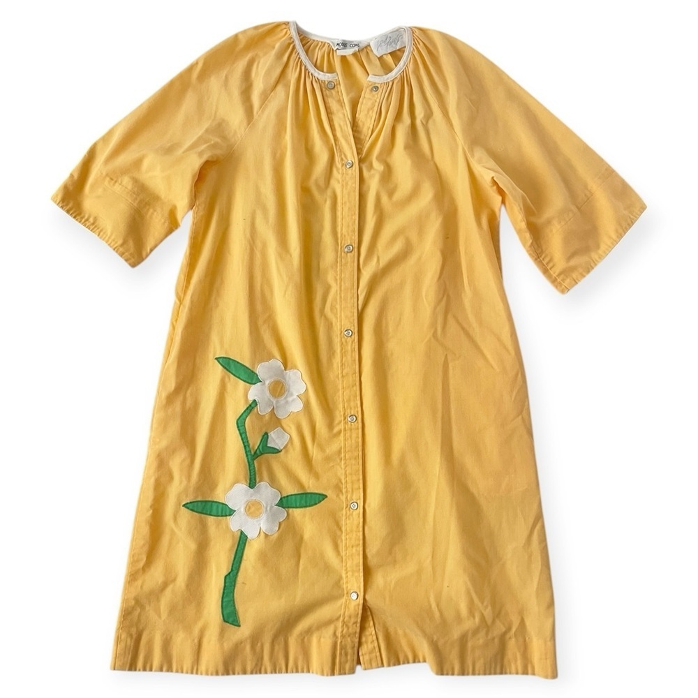 Vintage 1970s Lord & Taylor Yellow Floral Appliqué Housecoat Duster Dress Granny